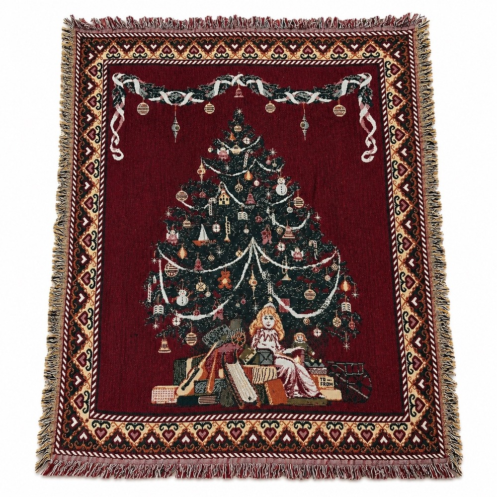 Crown Crafts Christmas Tree Woven Tapestry Throw Blanket Burgundy Cotton USA